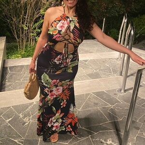 Backless maxi dresses for women summer stretchy and tropical print